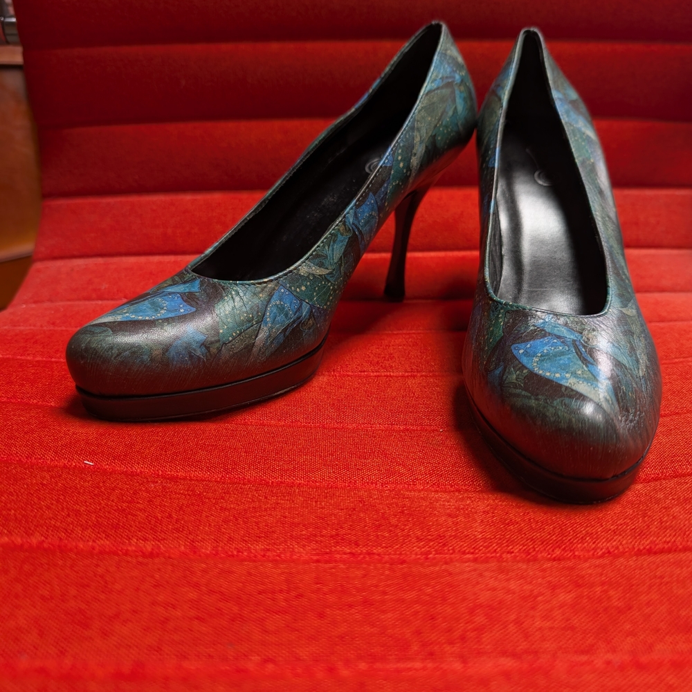 ICON Elegant Blue Green Leather Art Mini Platform Heels